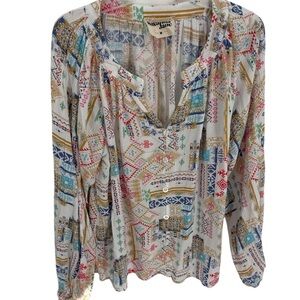 Savanna Jane Top Womens Size Medium Boho Balloon Sleeve V Neck Geometric Print